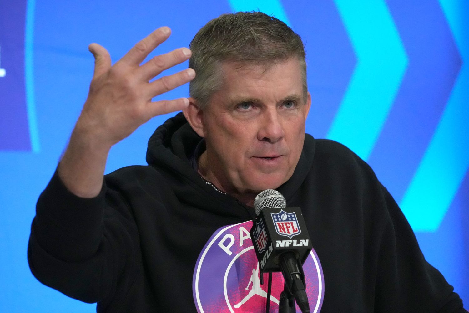 Feb 27, 2024; Indianapolis, IN, USA; Denver Broncos coach Sean Payton during the NFL Scouting Combine at Indiana Convention Center. Mandatory Credit: Kirby Lee-USA TODAY Sports